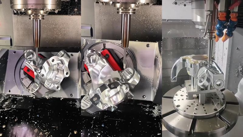 Advanced 5-axis CNC machining center milling a complex aerospace aluminum component