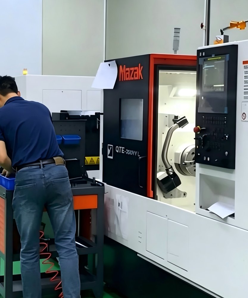 Technician working beside CNC turning equipment