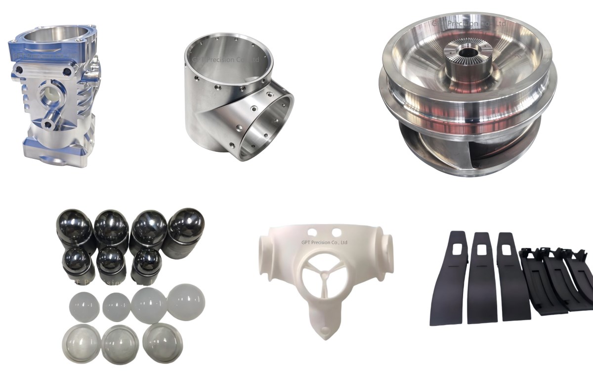 Collage of machined metal housings, cylindrical parts, polished spheres and molded components