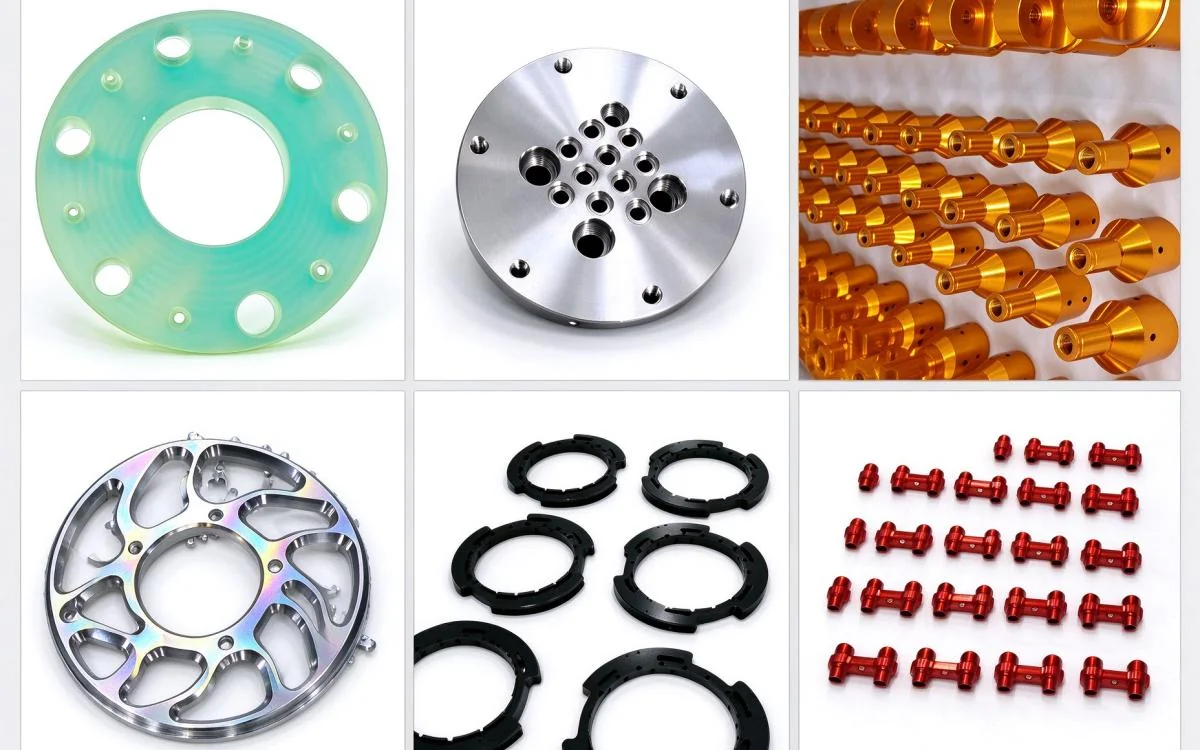 Six-panel collage of a translucent green flange, drilled metal disc, machined rings and gold, black and red finished components