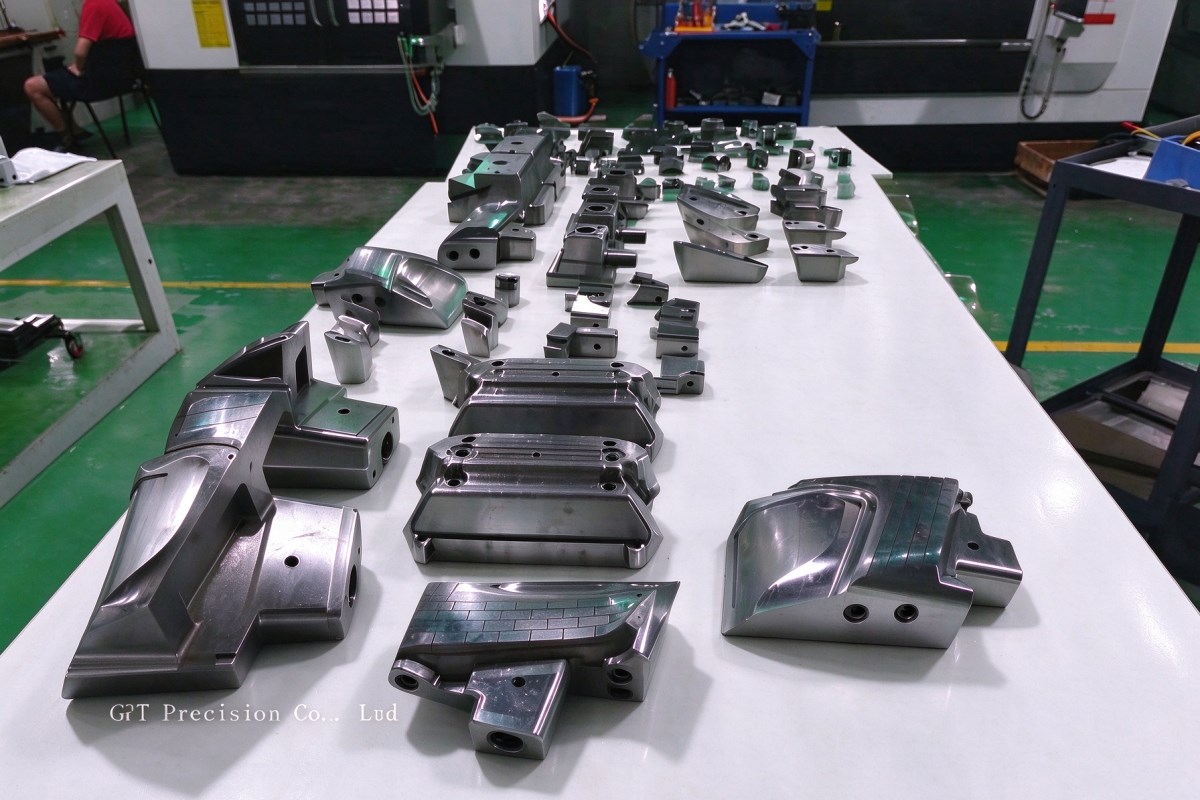 Machined tooling components arranged on a white table in front of CNC machines
