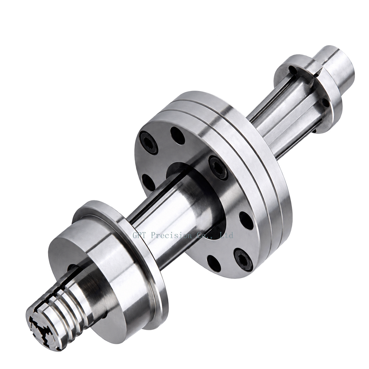 Precision turned shaft with stepped diameters and mounting flange