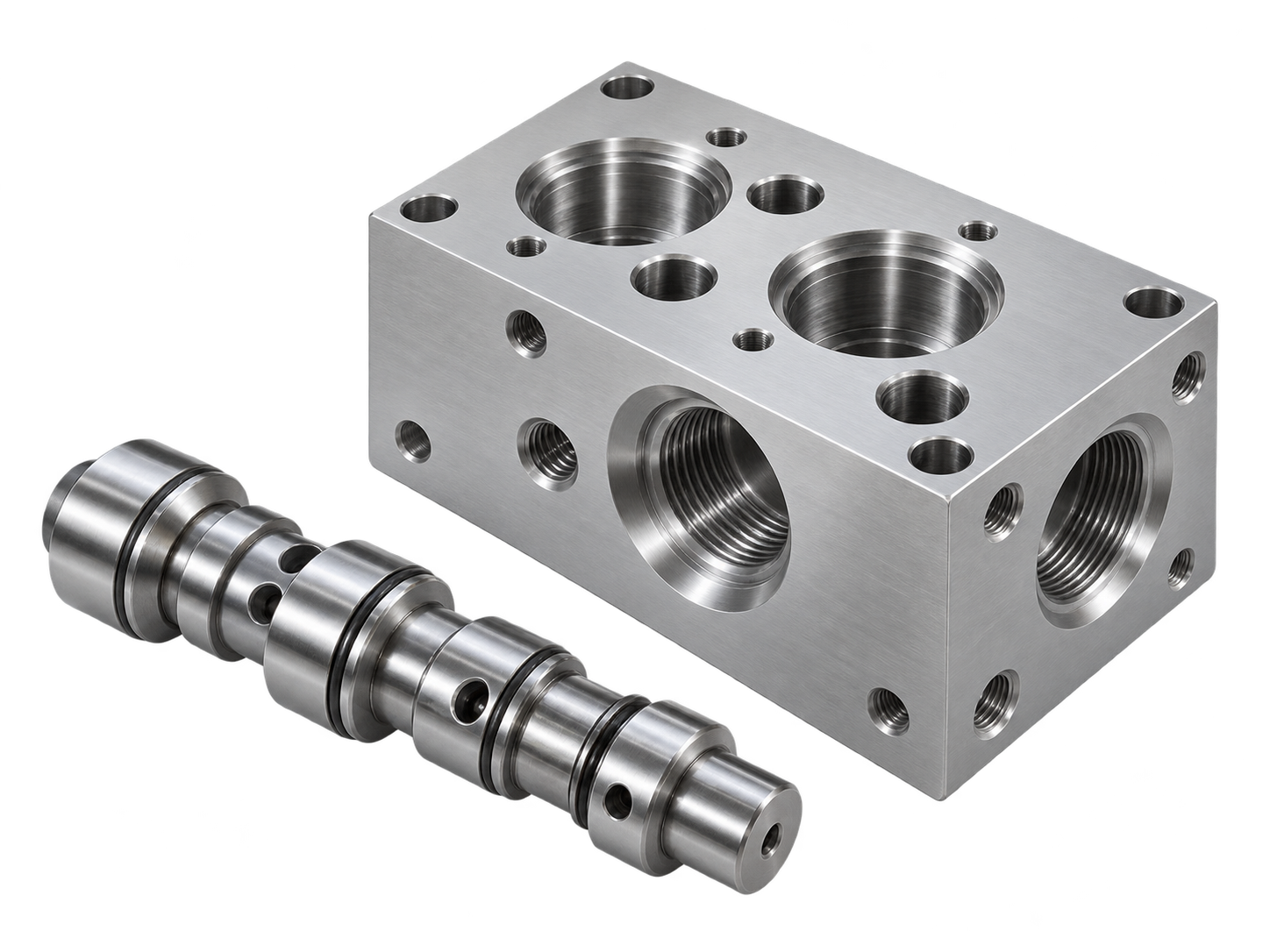 AI-generated concept illustration of a silver manifold block and valve spool