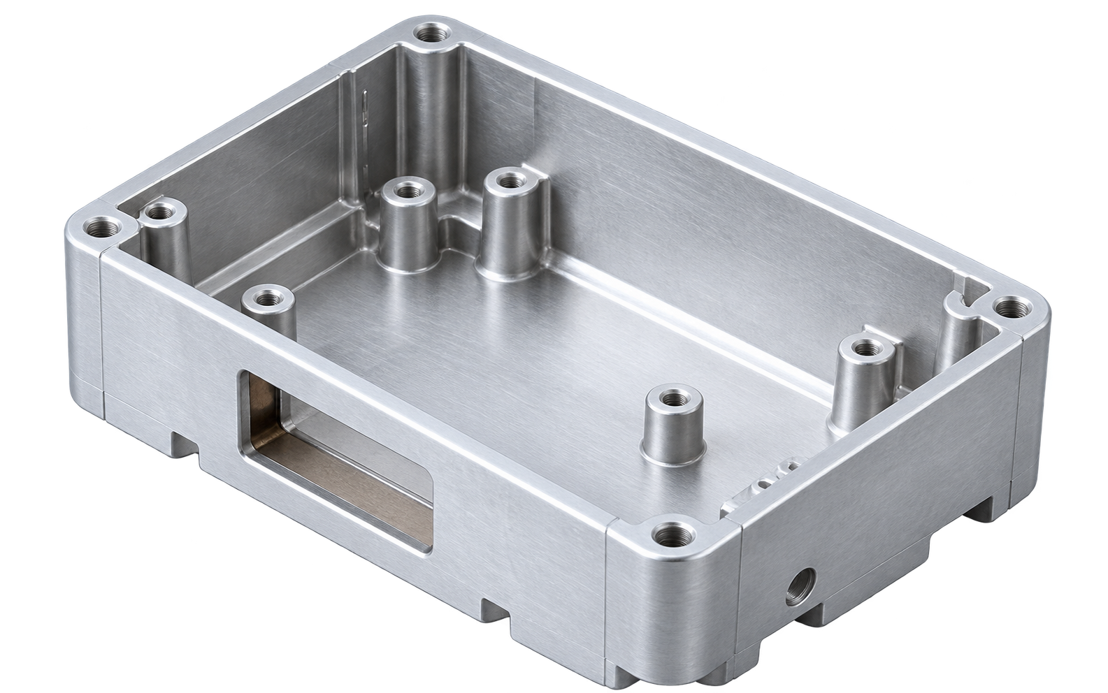 Generated placeholder of a machined electronics housing with mounting bosses and connector openings