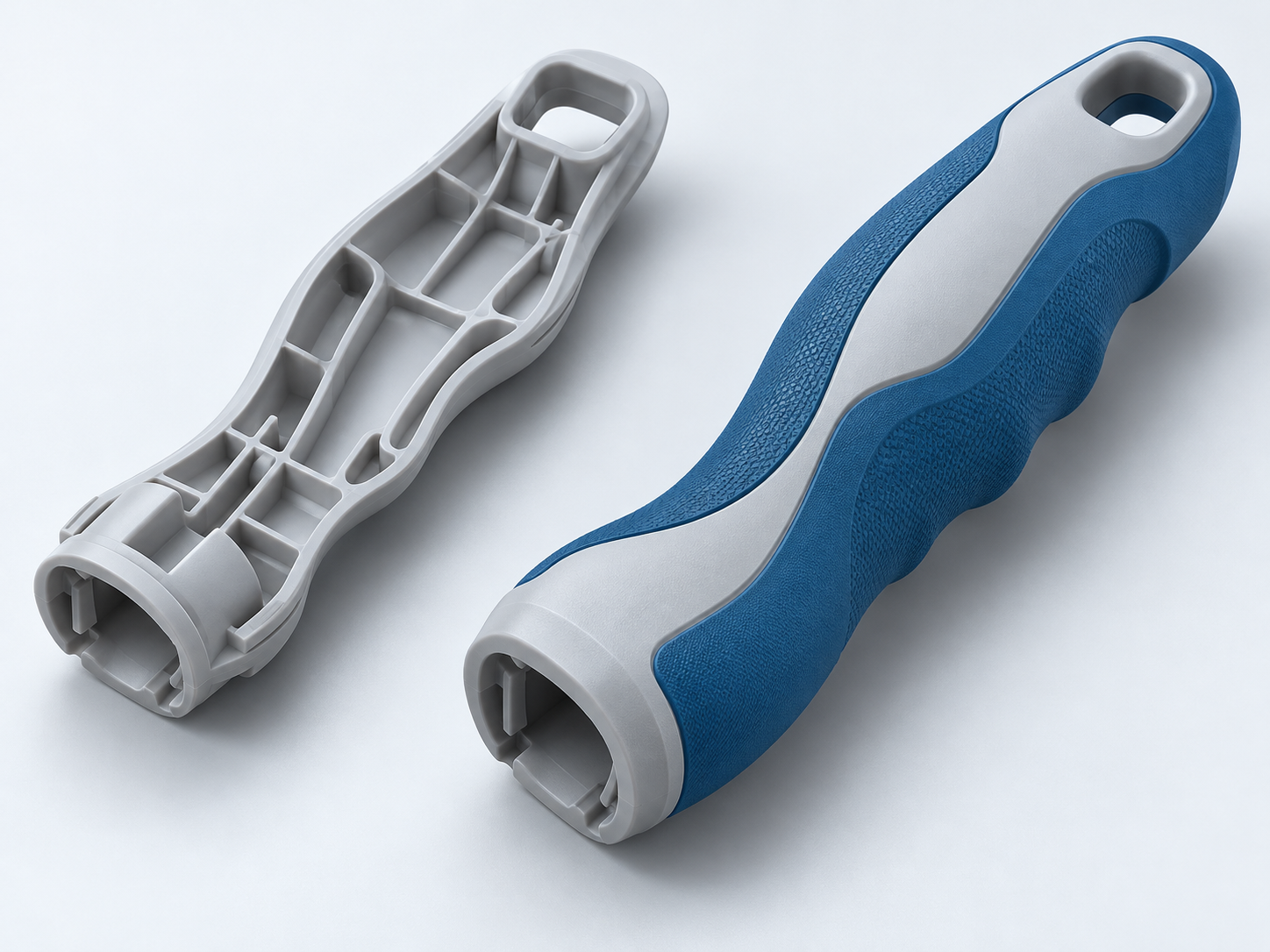 Concept illustration of a rigid handle substrate and a finished handle with a blue functional outer layer