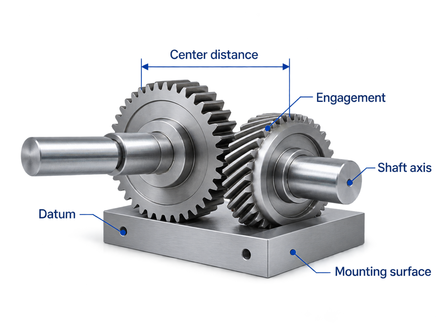 Gear pair diagram labeling center distance, engagement, shaft axis, datum and mounting surface