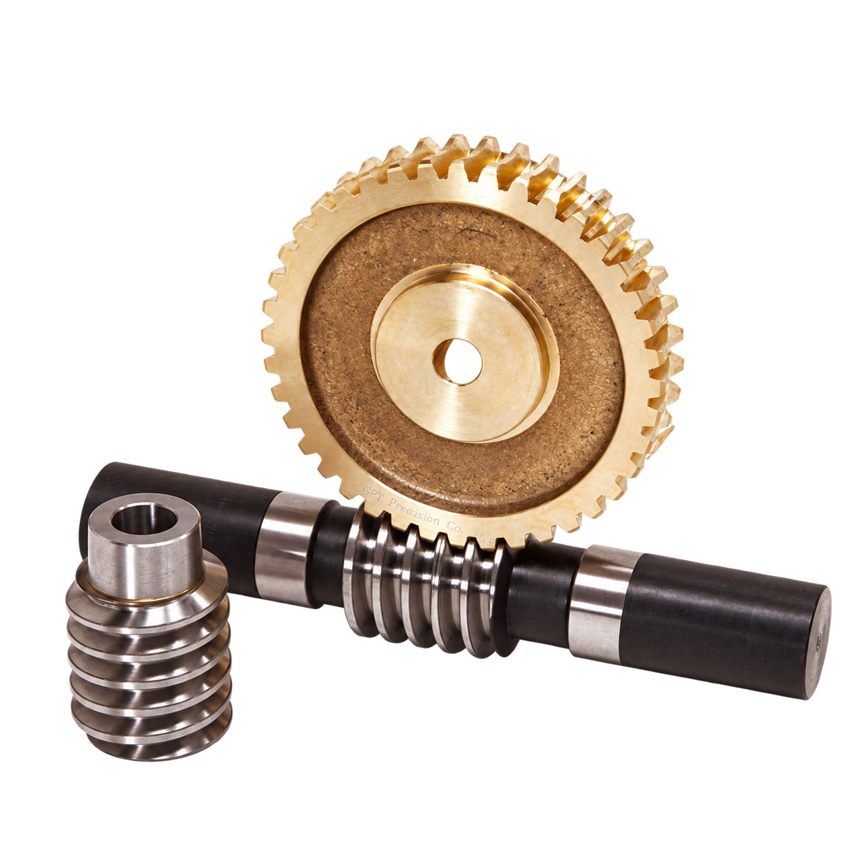 A gold-colored worm wheel with a long worm shaft and a separate short worm component